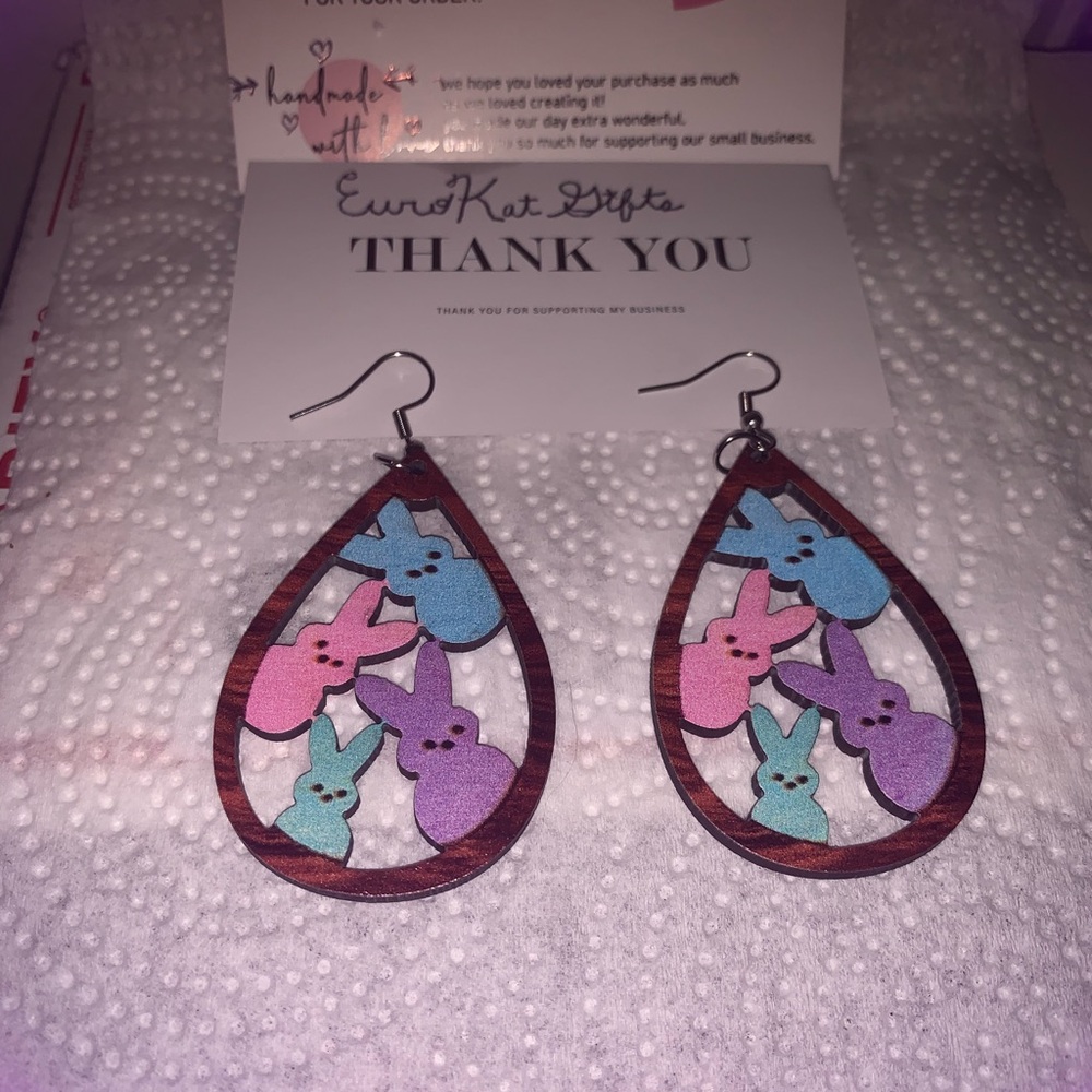 NEW Cute Festive Bunny Earrings Pink Blue Purple Wood Acrylic Teardrop SpringNWT